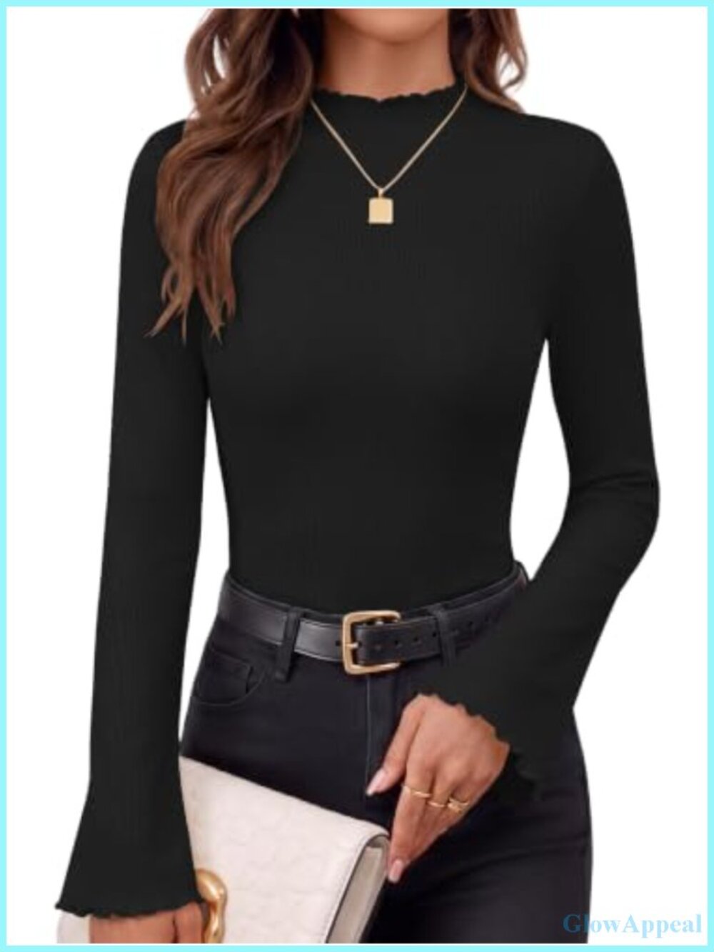 Womens Ribbed Knit Bell Sleeve Top Ruffle Mock Neck Long Sleeve Business Casual